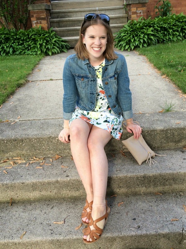 Dressing for a Wedding | Something Good, gap dress, floral dress, tan wedges, jean jacket, american eagle outfitters jacket, raybans