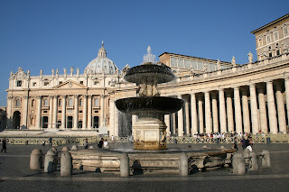 The Basilica of St Peter with Bernini's colonnades and Carlo Maderno's fountain in the foreground 