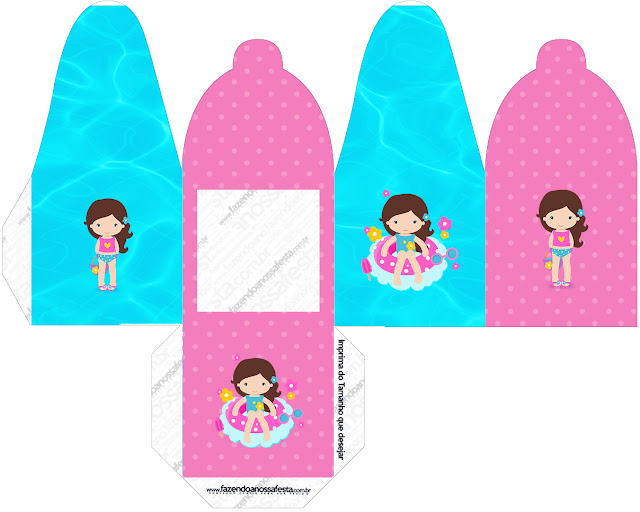 Fiesta en la Piscina para Niña Morena: Cajas para Imprimir Gratis. Caja para cupcakes, chocoltes o golosinas de Fiesta en la Piscina para Niña Morena.