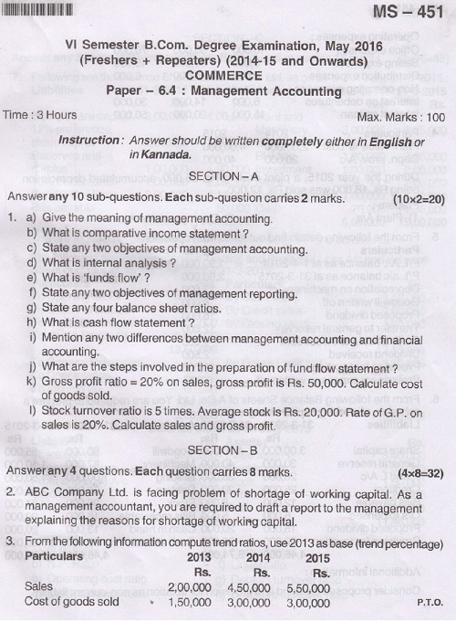 Bangalore University Management Accounting May 2016 Question Paper University Question