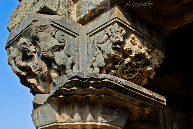 damaged sculptures on top of the columns of suryanarayana temple