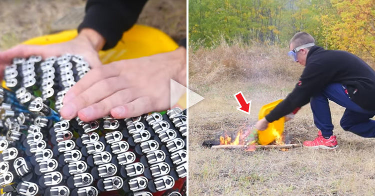 A Man throws 500 Cigarette Lighters into Fire and it's spectacular