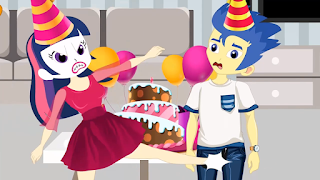 A screenshot of Twilight Sparkle and Flash wearing party hats. Twilight Sparkle is kicking Flash in-between his legs.