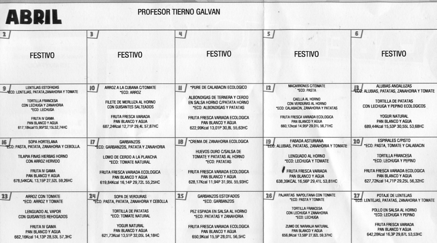 Novedades del CEIP Tierno Galván de Chiclana: menu abril comedor escolar Novedades del CEIP Tierno Galván de Chiclana: menu abril comedor escolar