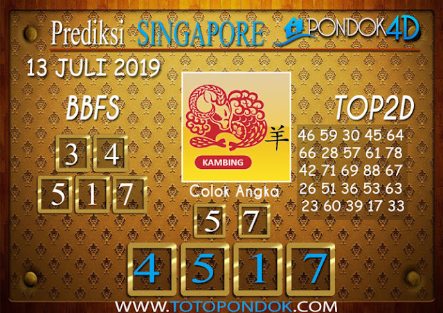 Prediksi Togel SINGAPORE PONDOK4D 13 JULI 2019