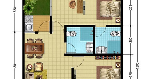 LINGKAR WARNA Denah  rumah  minimalis  ukuran  7x12  meter 2  kamar tidur 1 lantai  tampak depan