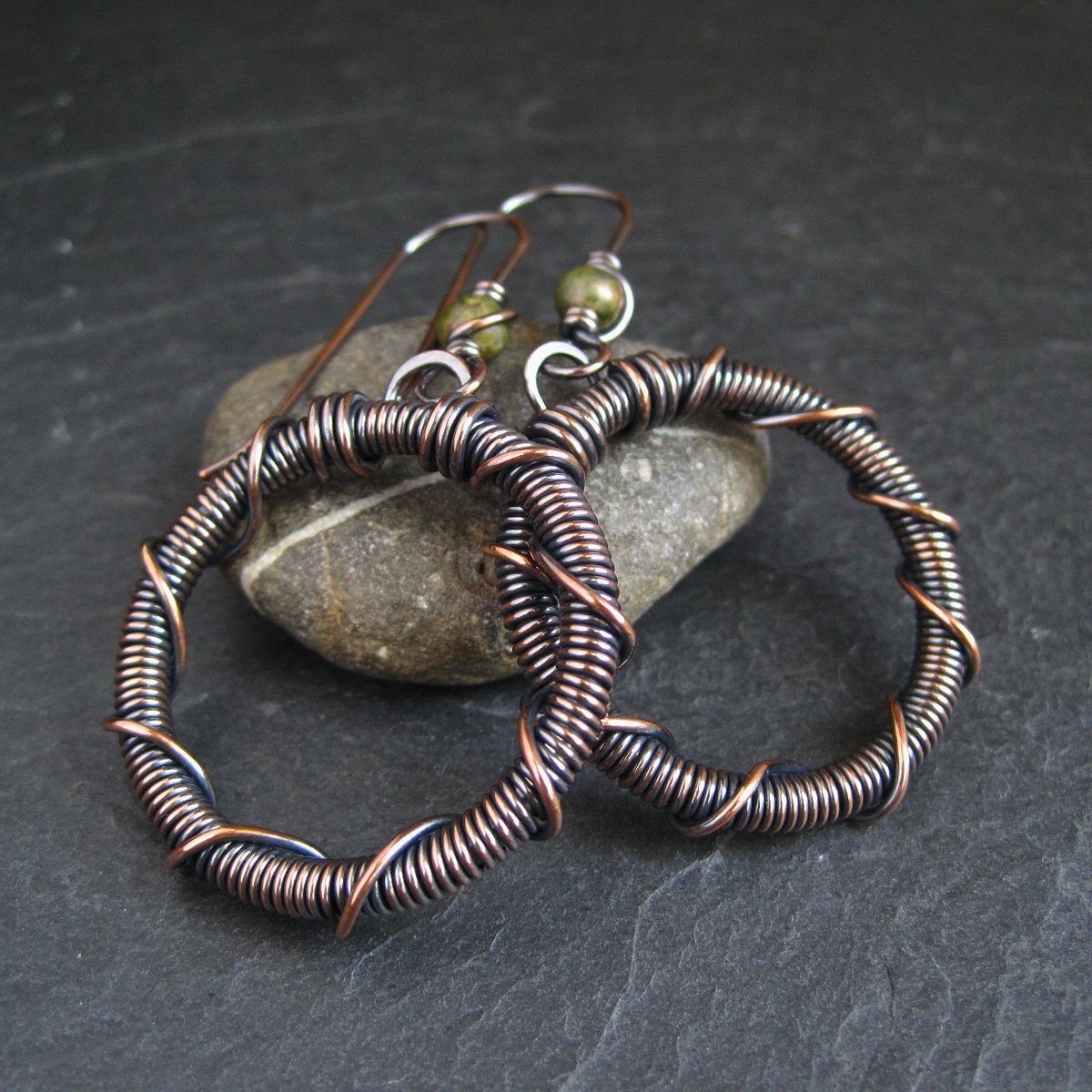 Herkimer Diamond Wire Wrapped Boho Hoop Earrings Bronze and Copper 