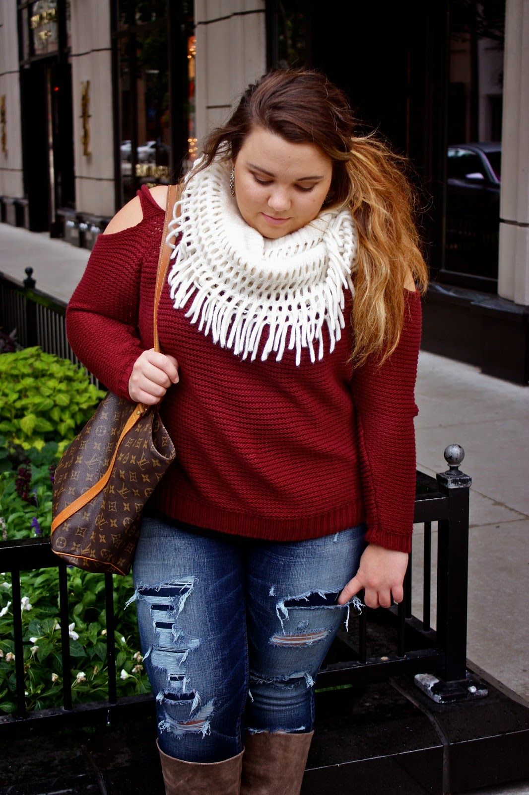 infinity scarf, fall colors, fall style, fall fashion, american eagle denim, forever 21, plus size fashion blogger, natalie craig, chicago, fashion blogger, natalie in the city, destroyed denim, boots, curvy fahionista, akira chicago, plus size boots, louis vuitton, side pony tail, thick hair styles, sweater cut-outs,