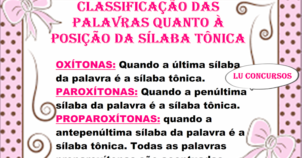 Sílaba Tônica: Classificação Das Palavras Quanto À Posição Da Sílaba Tônica