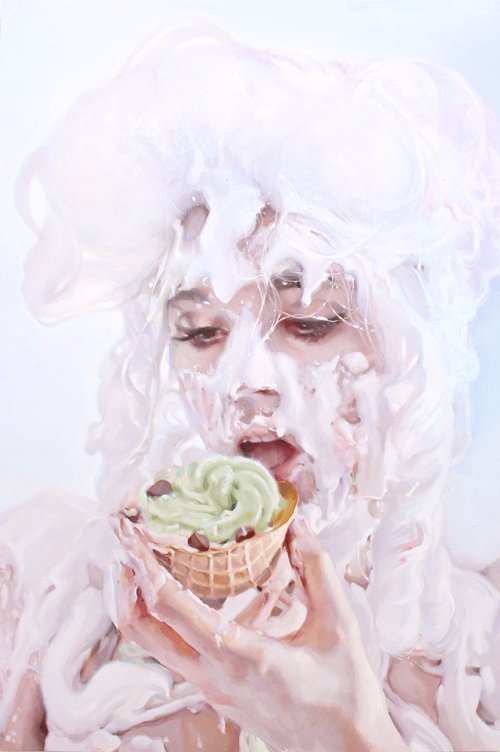 Pessoas cobertas com creme, chantili e outras sobremesas nas provocativas pinturas realistas de Ivan Alifan Ivan Alifan pinturas retratos homens mulheres cobertas creme branco e sobremesas comida fetiche sexualidade