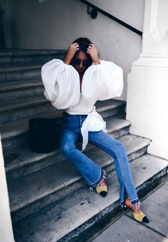 Lorna Luxe Bell Sleeves, Destroyed Frayed Hem Jeans, Chanel Two Tone heels