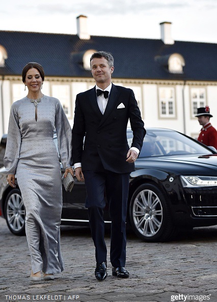 Crown Princess Mary and Crown Prince Frederik of Denmark arrive for the dinner at Fredensborg Castle on the occasion of Queen Margrethe's 75th birthday