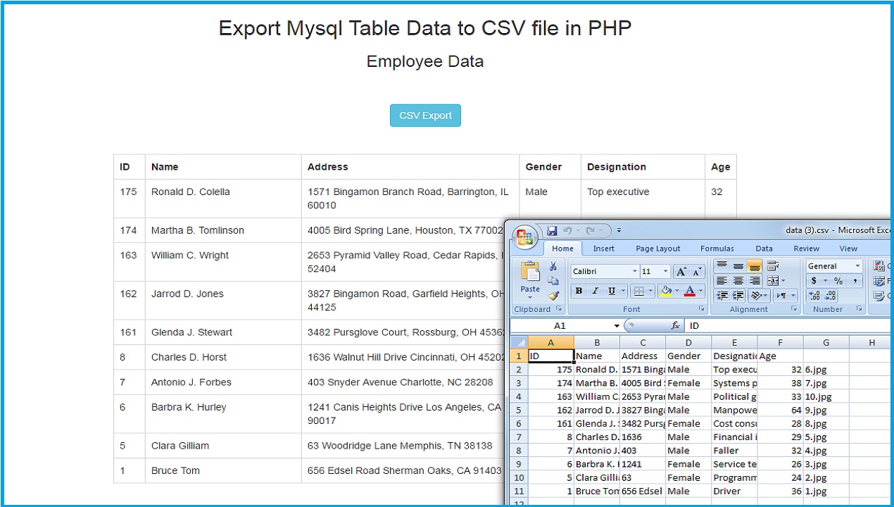 Mysql Table Data to CSV file in PHP | Webslesson