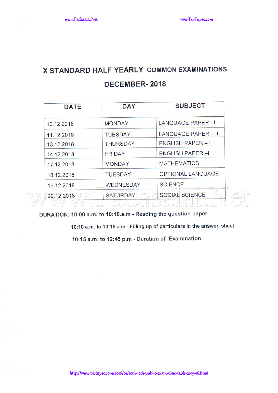 Half Yearly Exam Time Table for 10th, 11th, 12th Standard ( 2018 2019