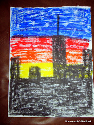 Art Resource Reviews on the Virtual Refrigerator, an art link-up hosted by Homeschool Coffee Break @ kympossibleblog.blogspot.com - Cityscape in Kwik Stix solid tempera paints