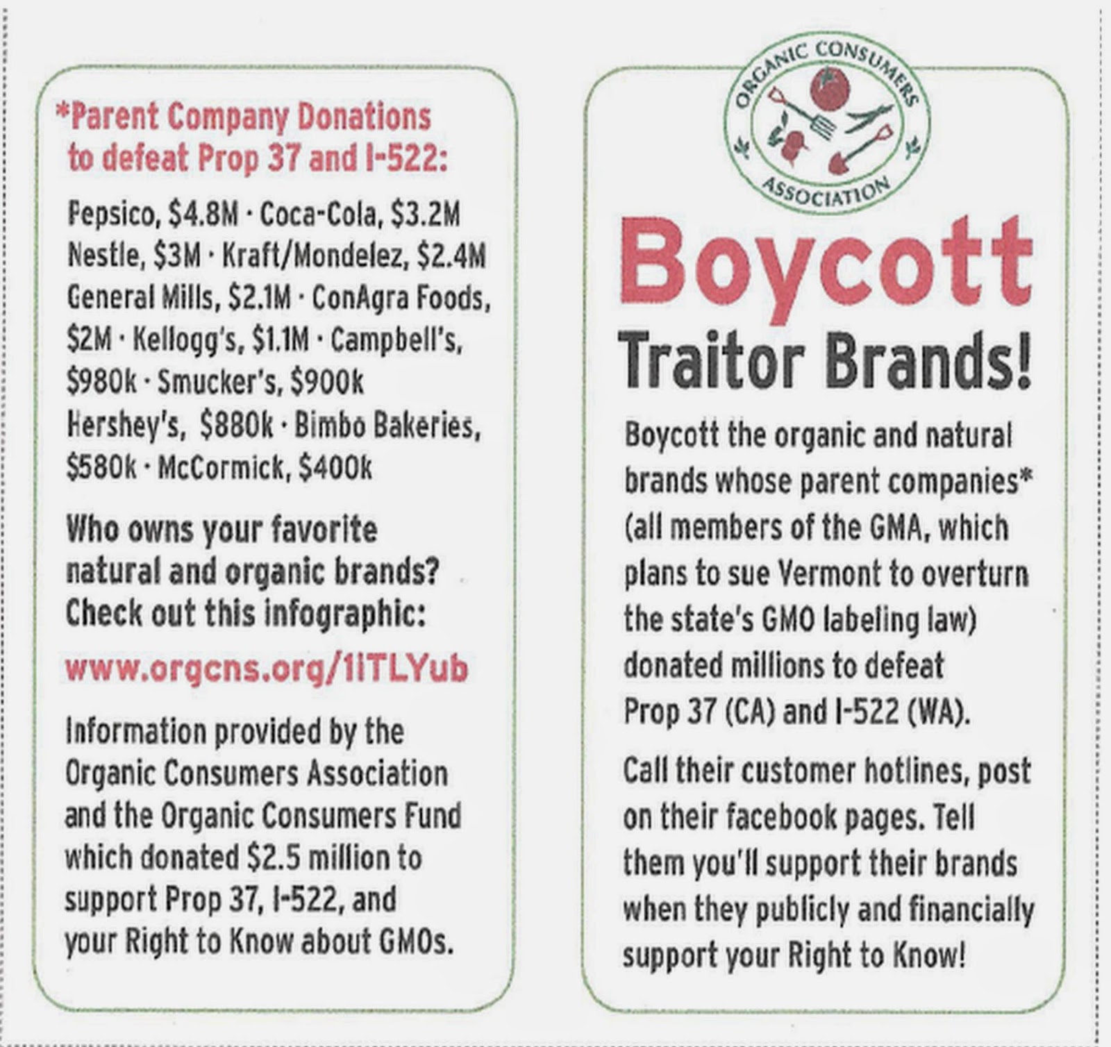 Granny B Farms Organic Consumers Association and Initiate "Boycott Traitor Brands"