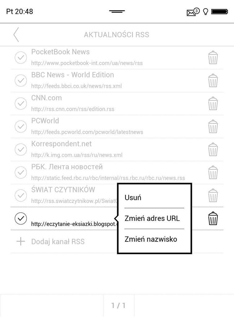 Lista źródeł w aplikacji Aktualności RSS w PocketBook Touch HD 3