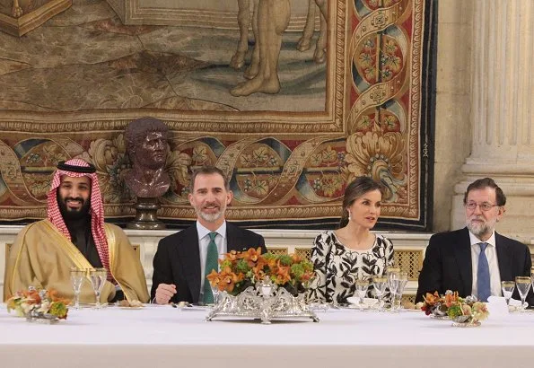 Crown Prince Muhammed bin Salman of Saudi Arabia in Spain. Queen Letizia wore Felipe Varela dress and wearing Tous Jewelry earrings, Magrit pumps