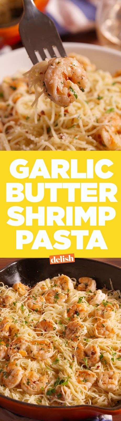 Impress your friends with this super easy recipe for garlic butter shrimp angel hair from Delish.com.