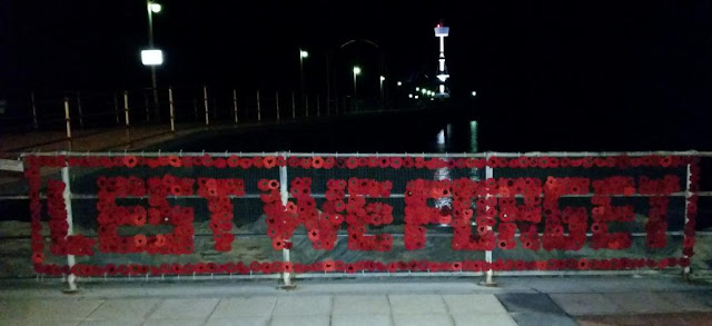 The metal railings of the approach to Brighton jetty have been adorned with a sign saying "Lest we forget". The sign is a rectangular mesh fence with crocheted and knitted poppies attached and arraged to spell out the letters.  The tower at the end of the jetty is lit up.  The bright white shape on the upper left is the reflection of a public sign at the beginning of the jetty.