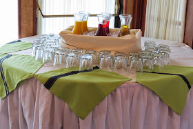 Showers of Happiness http://dragonflyandlilypads@blogspot.com Table Decor, Napkins, Navy grosgrain ribbon, sew, white stitching
