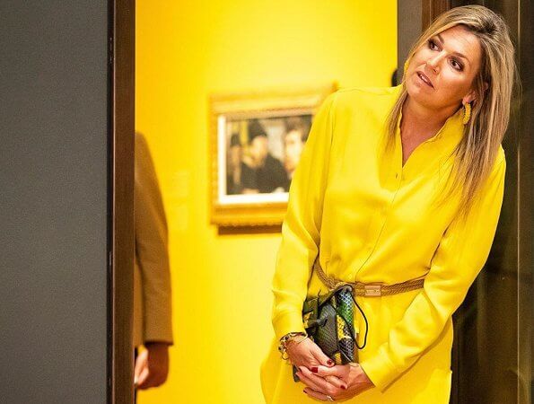 Queen Maxima wore Max Mara yellow blouse and trousers, Giuseppe Zanotti flat ballerinas. Sophie Habsburg Moneypenny watersnake clutch