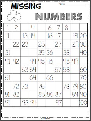 Write the Missing Numbers – 100s Chart missing number worksheets for kindergarten