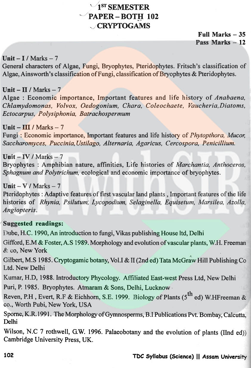 Botany Honours Syllabus for 1st semester of Assam University Silchar