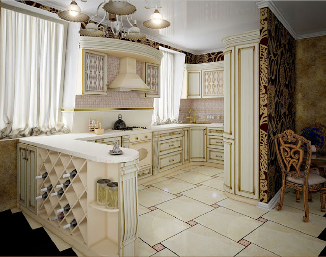 Kleine-küche-weiß-traditionelle-luxus-Design-mit-schöne-Tapeten