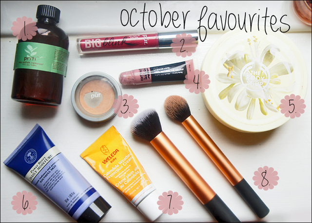 October Favourites from Priti, Pur Minerals, BodyShop, Neals Yard Remedies, Weleda & Real Techniques