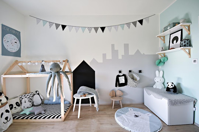 Habitación unisex infantil gris y menta