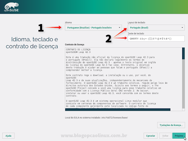 Tela de seleção do Idioma de instalação, layout do teclado e Contrato de Licença do openSUSE