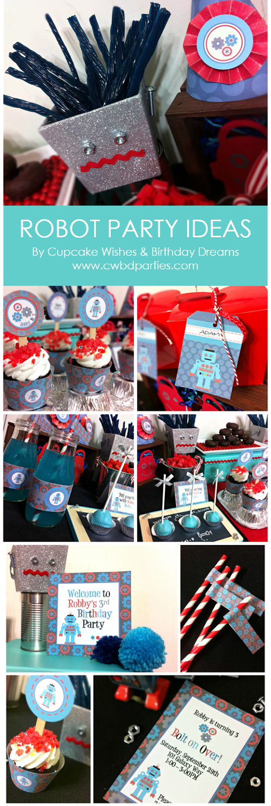 Fun Robot Party Ideas for Boys by Cupcake Wishes & Birthday Dreams Robot Party Printables, Robot Party, Boys Party Ideas, Robot Treats, Robot Party Supplies