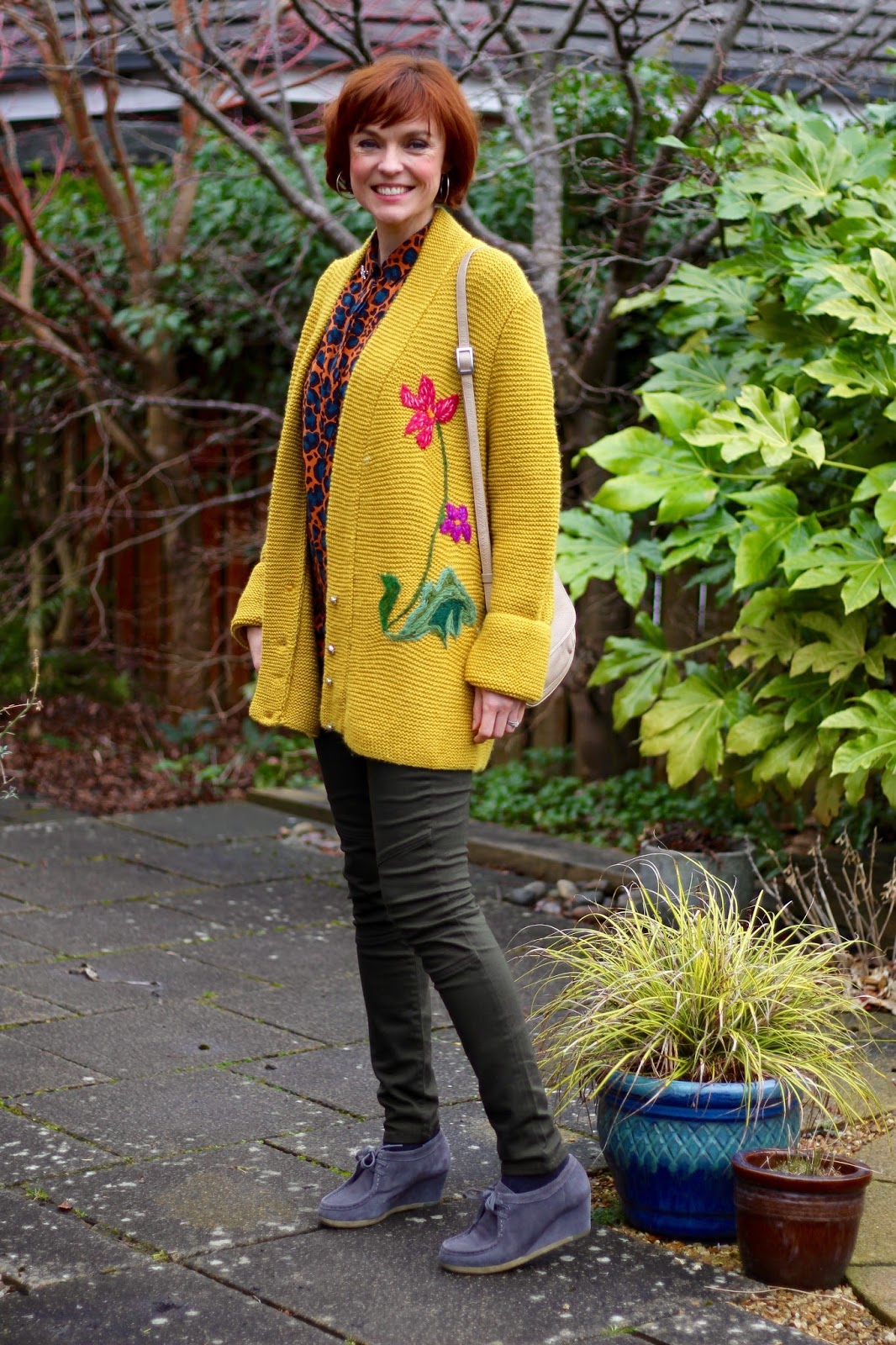 Oversized Mustard Handknitted Cardigan, Khaki Biker Jeans & Grey Clarks Wallabees | Fake Fabulous