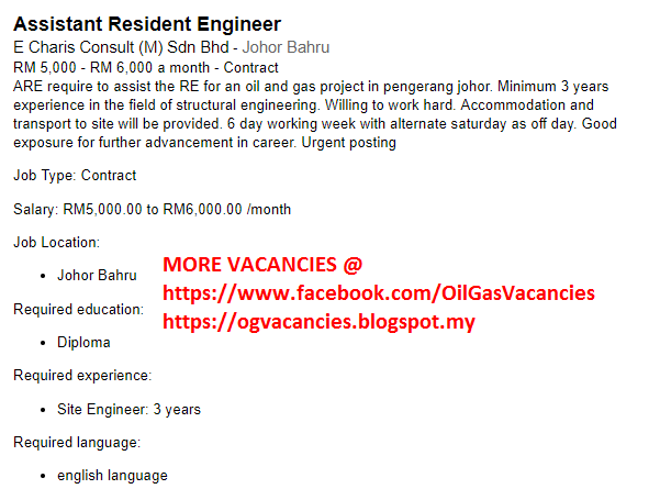 Oil Gas Vacancies Assistant Resident Engineer E Charis Consult Johor Bahru