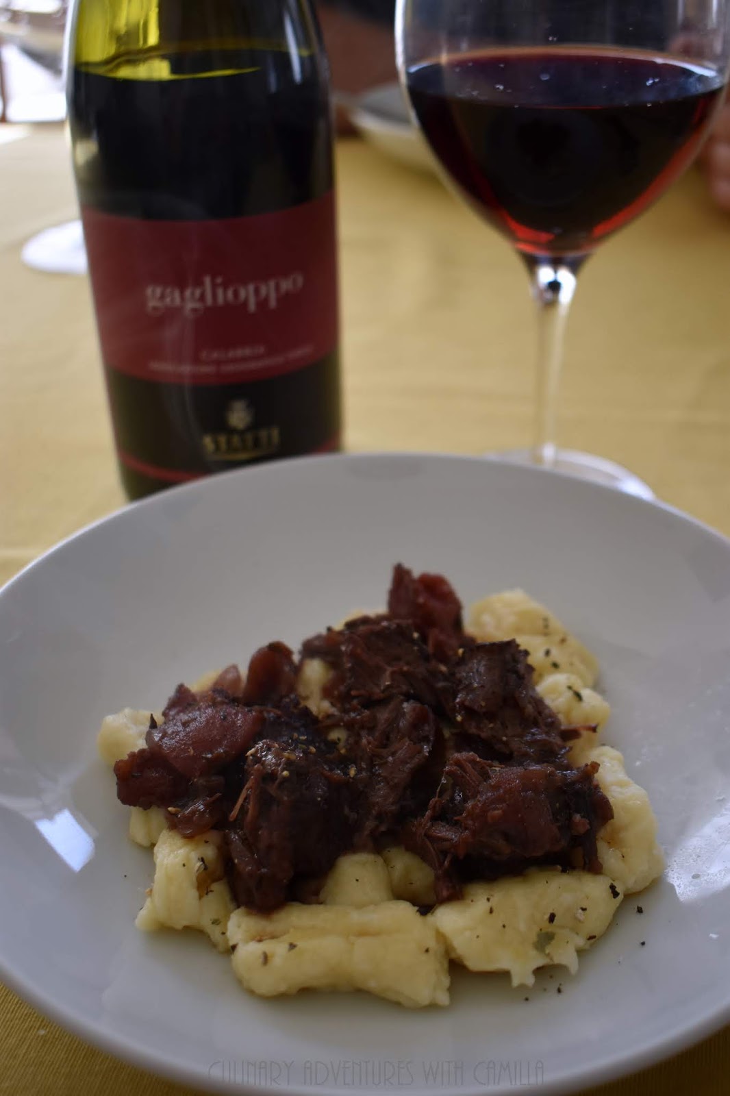 Braised Beef Cheeks over Garlic Gnocchi + Statti Calabria Gaglioppo