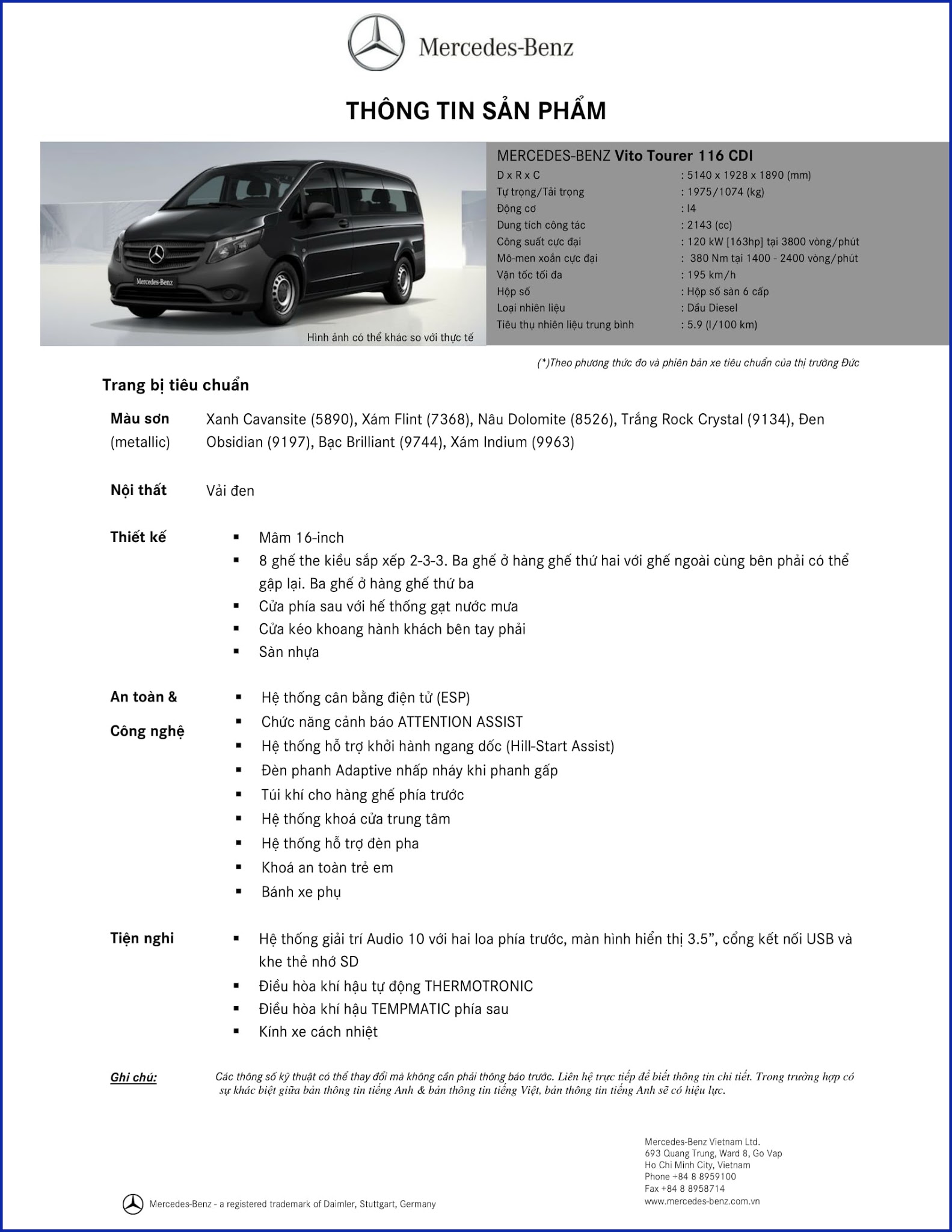 Bảng thông số kỹ thuật Mercedes Vito Tourer 121 2017 Bảng thông số kỹ thuật Mercedes Vito Tourer 121 2017 tại Mercedes Trường Chinh