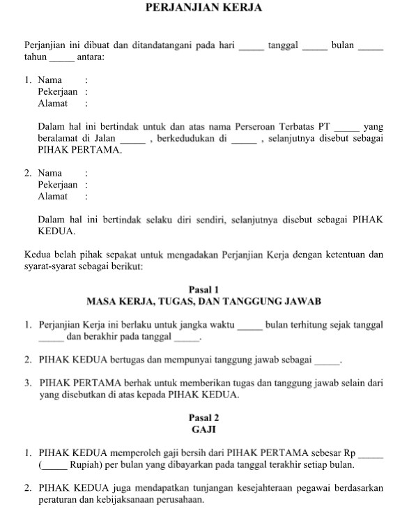 Surat Perjanjian Kerja Karyawan Tetap