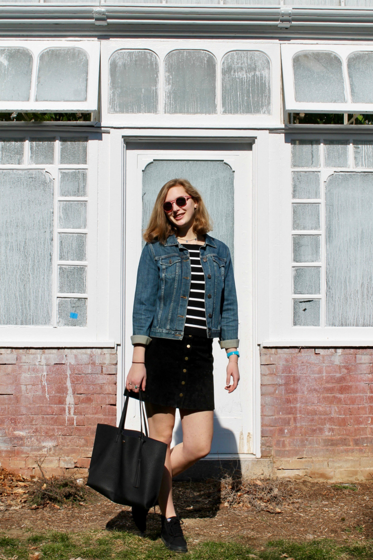 Lands' End jean jacket, black suede mini skirt + Vans high tops #springfashion