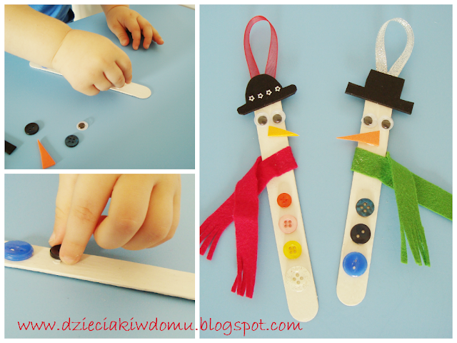 ozdoby choinkowe z patyczków dla dzieci bałwanki