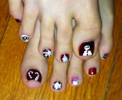 candy cane, nail art, toes, Christmas, holly, gift, present