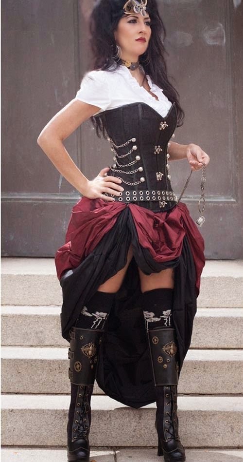 steampunk woman costume skirt corset blouse goggles boots