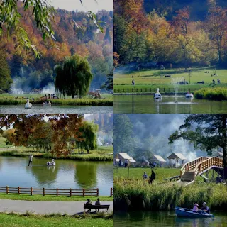 barci pe lac, insula, podul spre insula din lacul Noua Brasov