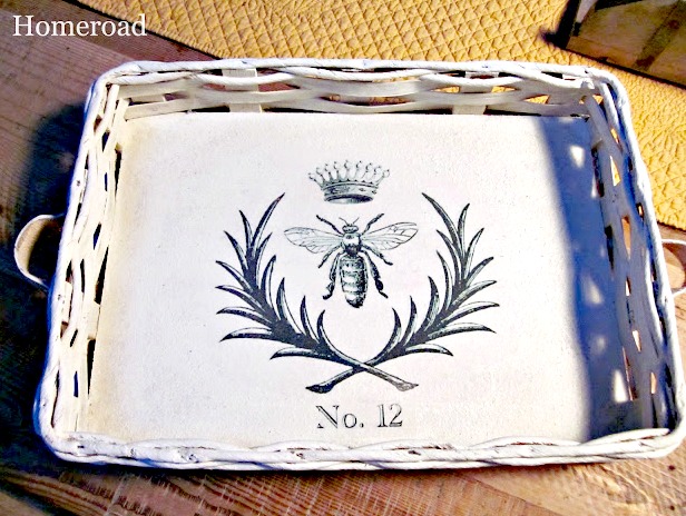 white basket with bee and wreath transfer