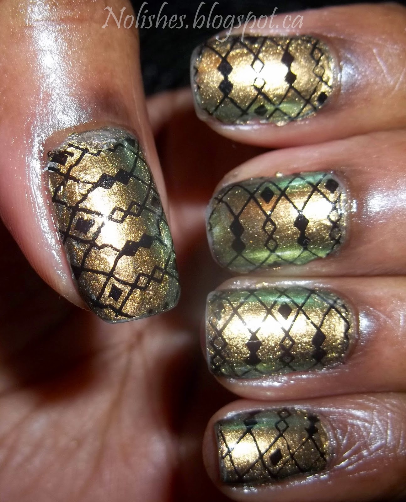 nail stamping manicure using OPI 'Just Spotted the Lizard' a bronze and green duochrome nail polish as the base colour, and stamped with a diamond and line print in black