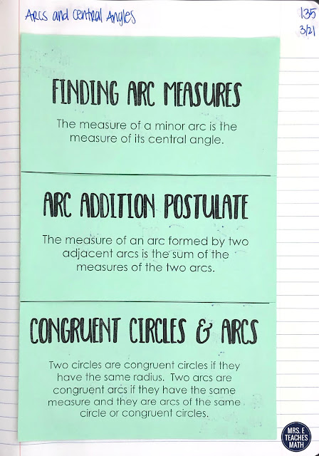 This foldable for angles and arcs in circles is perfect for high school geometry students.  My students liked the class notes and we finished up the lesson with an activity.  I started the lesson with vocabulary and finished with an extra problem for honors students.