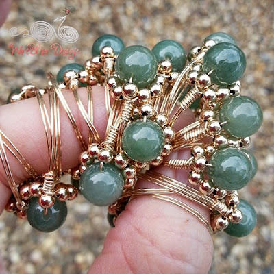 Wire Wrapped Sparkly Rings with jade and 14k gold filled wire and 3mm gold filledbeads