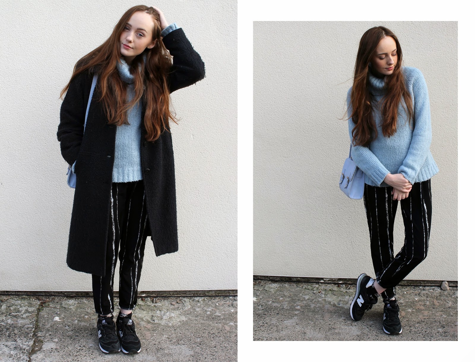 pale blue rollneck jumper worn with matching pastel scalloped satchel from ASOS, long charcoal grey boucle coat, black and white chalk stripe trousers from choies and black new balance 574 trainers