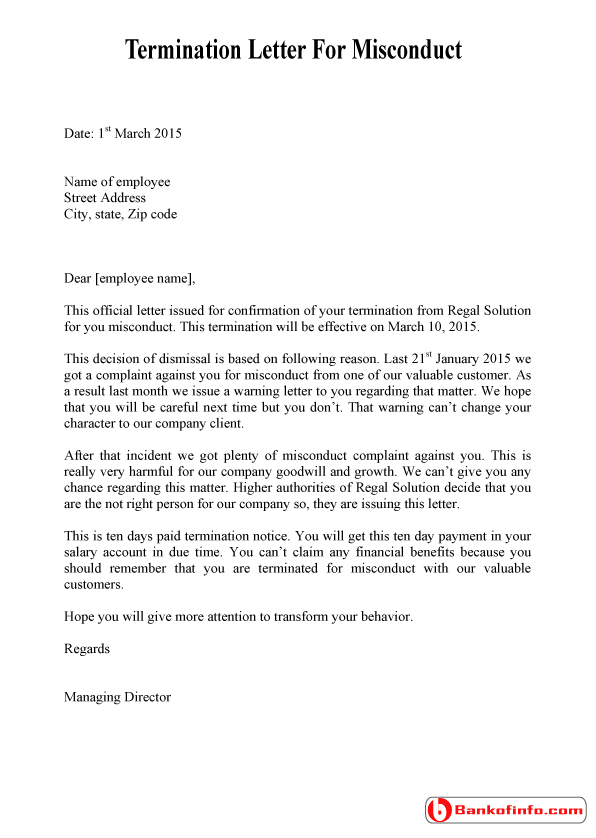 Sample Termination Letter For Misconduct Sample Termination Letter For Misconduct