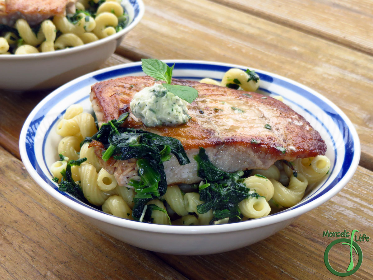 Morsels of Life - Seared Salmon and Lemon Butter Pasta - Level up your usual pasta with some lemon herb whipped butter and spinach. Top it off with freshly seared salmon. It's easier than you think!